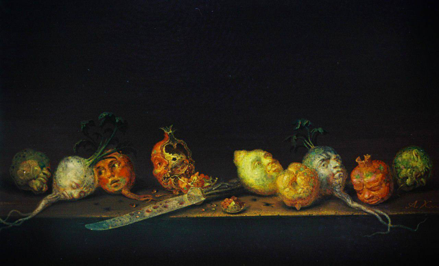 Surreal painting of vegetables and fruits with human faces by Alexey Kolesnikov - сюрреализм, овощи и фрукты, человеческие лица